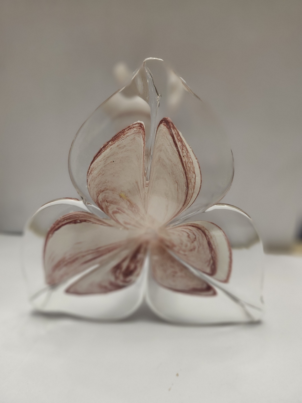 Vintage Handblown Murano Glass Flower Sculpture - White with Rose Swirl